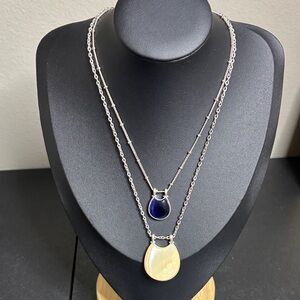 Liz Claiborne Blue & Mother of Pearl Slider Pendant Layered Silver Necklace